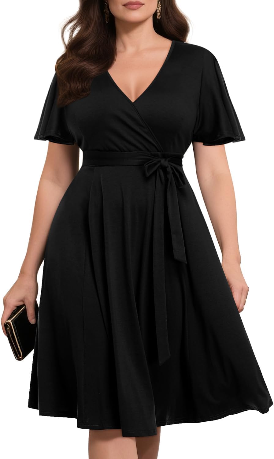 Pinup Fashion Plus Size Wedding Guest Semi Formal Cocktail Wrap Knee Dress | Knit, faux wrap v-neck, short ruffle sleeves, empire waist, removable belt, knee-length, wedding guest, semi formal, easter