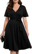 Pinup Fashion Plus Size Wedding Guest Semi Formal Cocktail Wrap Knee Dress | Knit, faux wrap v-neck, short ruffle sleeves, empire waist, removable belt, knee-length, wedding guest, semi formal, easter