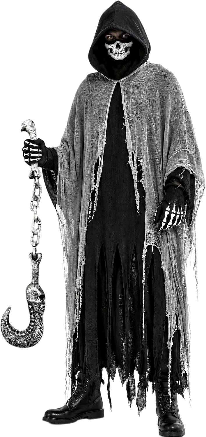 Grim Reaper Costume Set Unisex Halloween Hooded Cape Cosplay Ghost Cloak