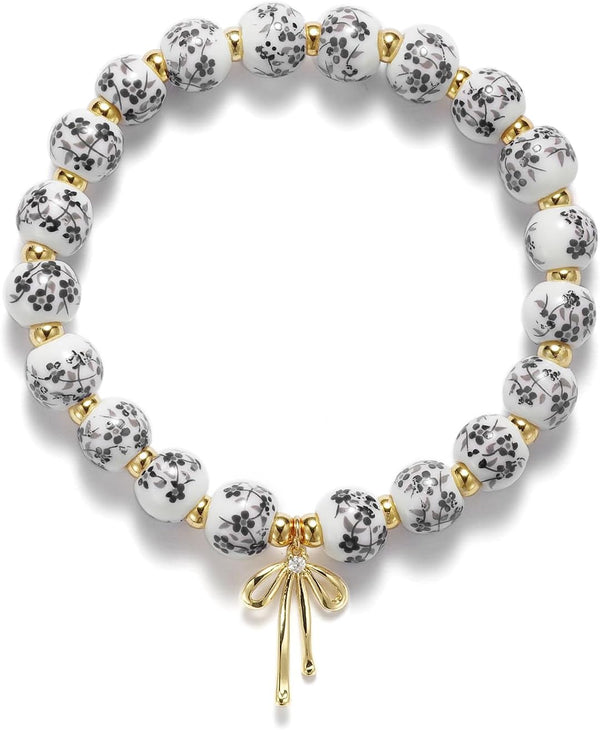Beaded Bracelets for Women,Bow Charm Blue Flower Gold Plated Jewelry Women