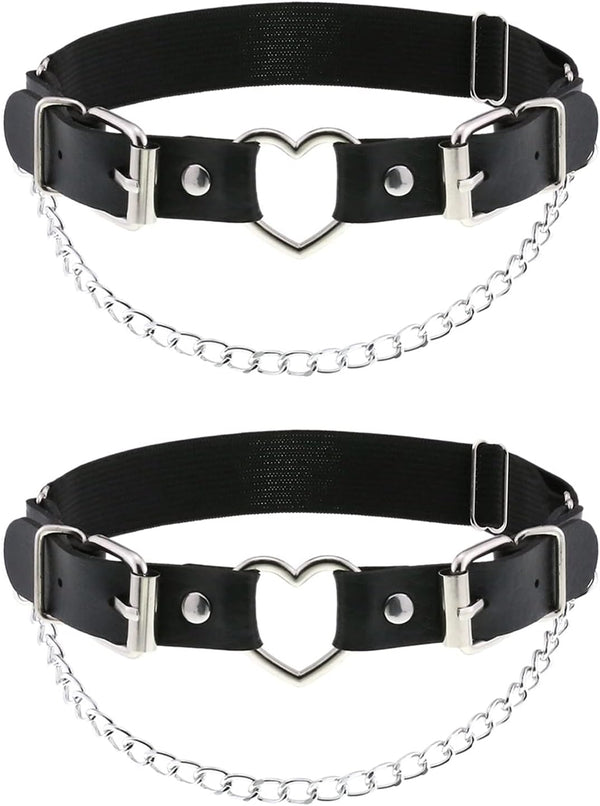 2PCs Leather Leg Garter with Chains, Elastic Rock Heart Thigh Garter for Women