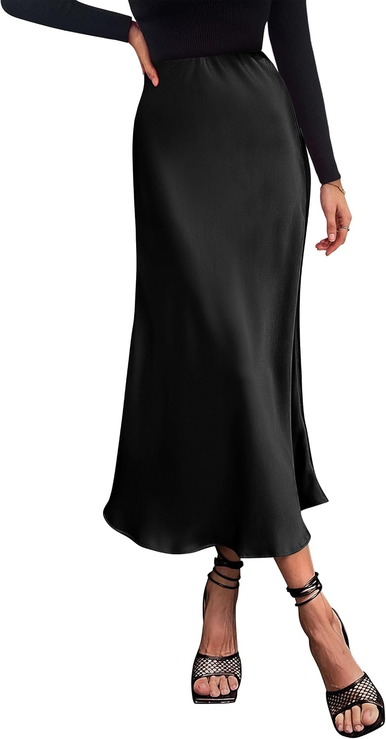 PRETTYGARDEN Women's Satin Midi Skirts Dressy Casual