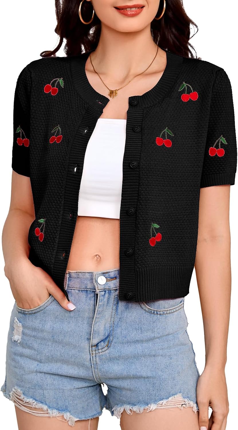 Bbonlinedress Women Cherry Short Sleeve Cardigan Tops Vintage Sweater Shirt