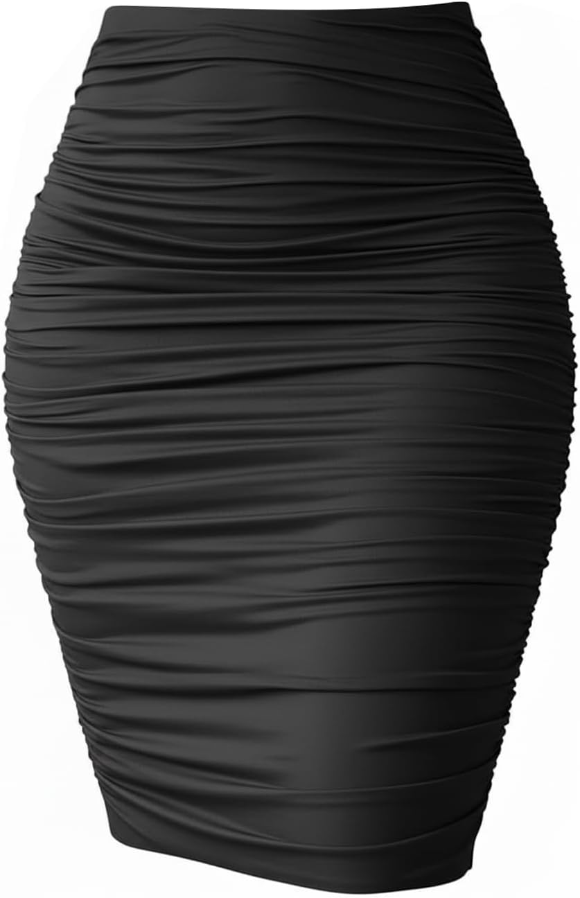 eoeoo Women High Waist Ruched Elegant Bodycon Stretch Midi Pencil Skirt