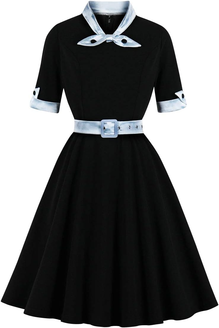 1950s Dresses for Women Vintage Rockabilly Retro Short Sleeve Tie Midi Dress Cocktail Party Evening Prom Gown