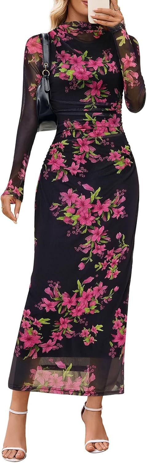 MEROKEETY Womens Fall Long Sleeve Floral Wedding Guest Maxi Dress
