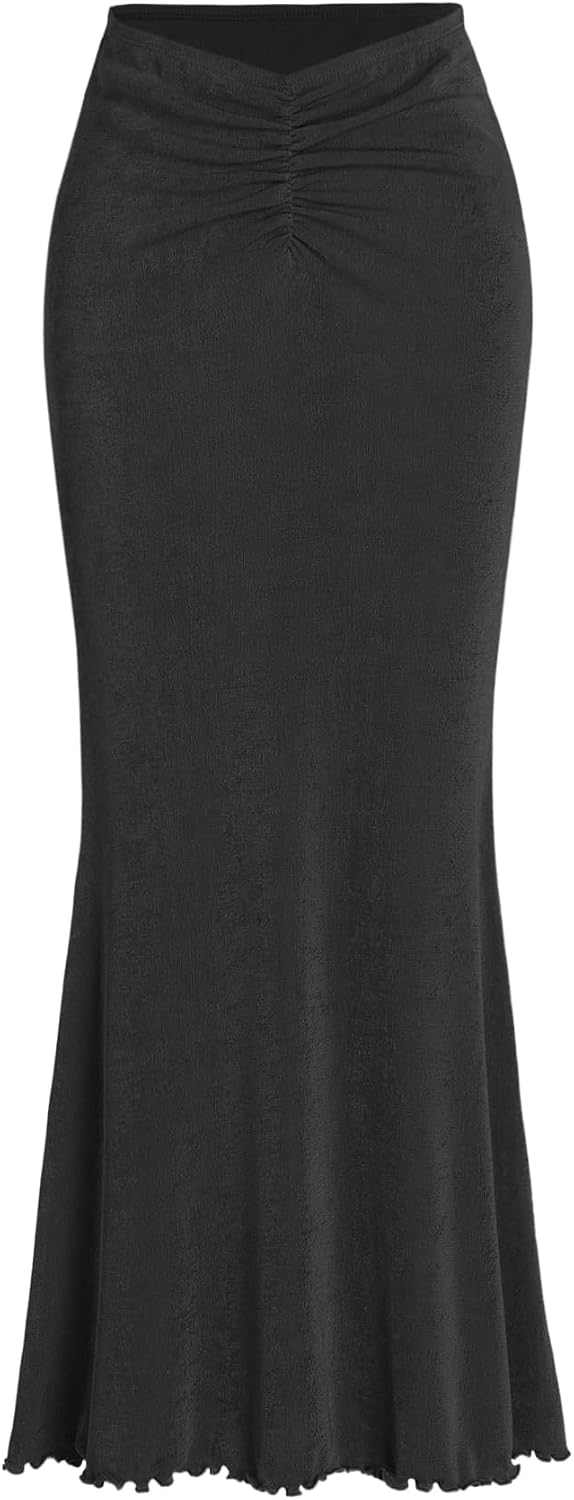 CIDER High Waist Skirts for Women Mermaid Skirt Fishtail Ruched Bodycon Long Maxi Skirt Lettuce Trim Stretchy