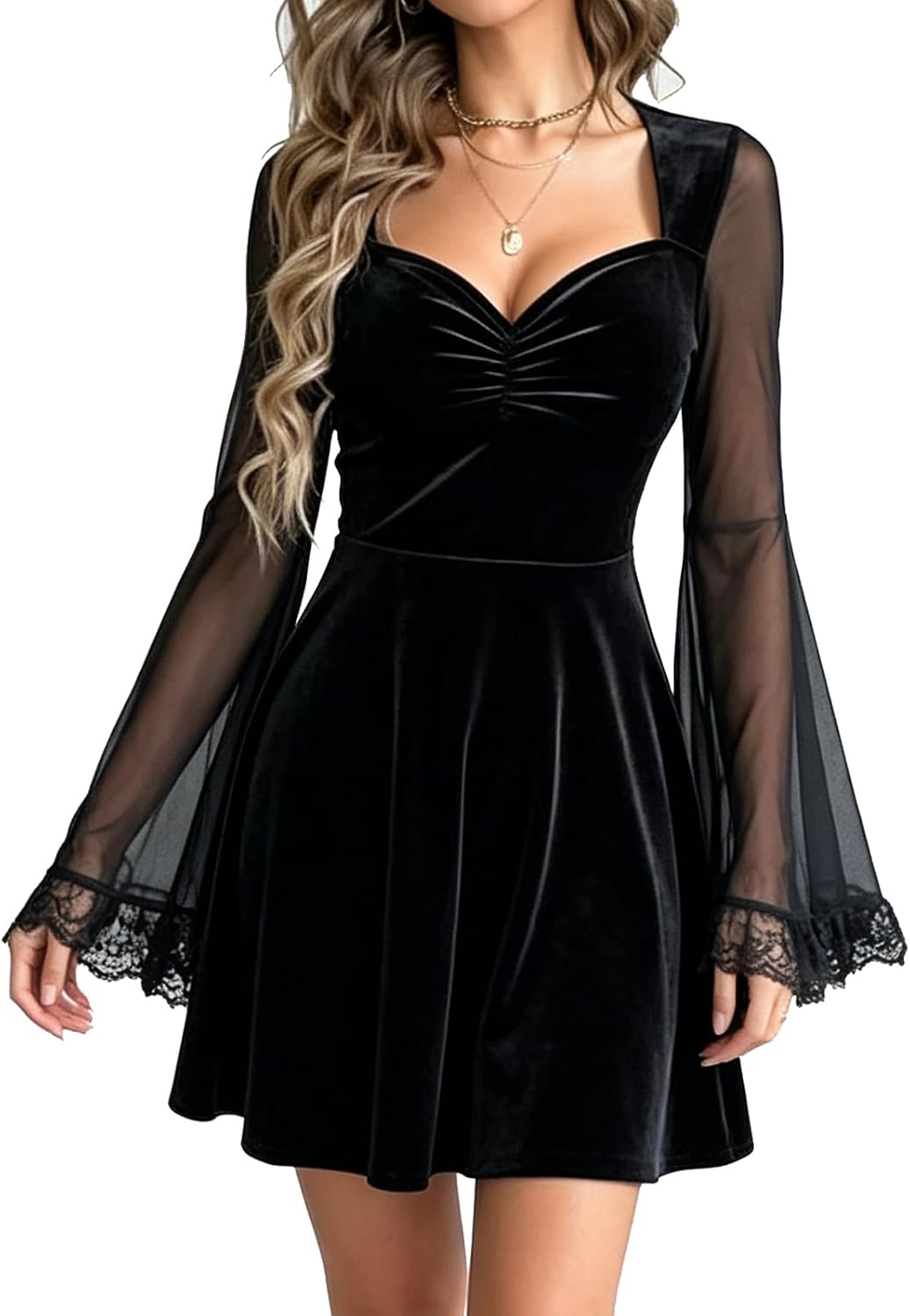 Black Velvet Dress for Women Halloween Lace Trim Cosplay Sheer Sleeve Swing Flare Dresses XS-XL