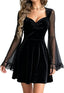 Black Velvet Dress for Women Halloween Lace Trim Cosplay Sheer Sleeve Swing Flare Dresses XS-XL