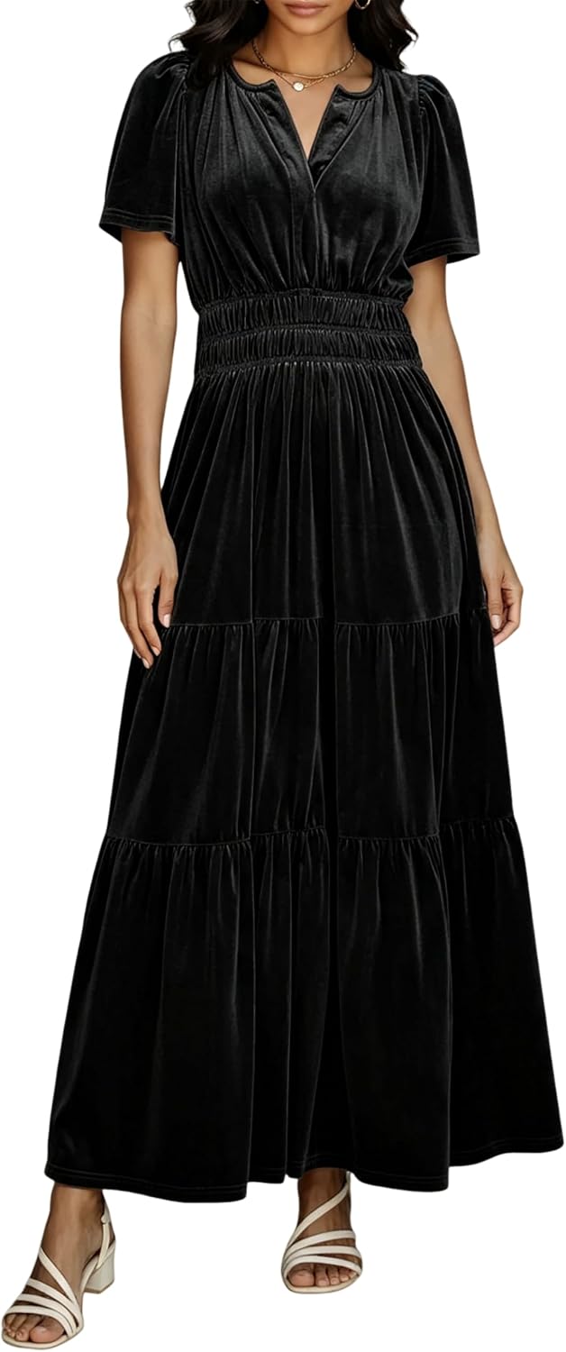 R.Vivimos Womens Fall Winter Velvet Elastic Waist Maxi Dress
