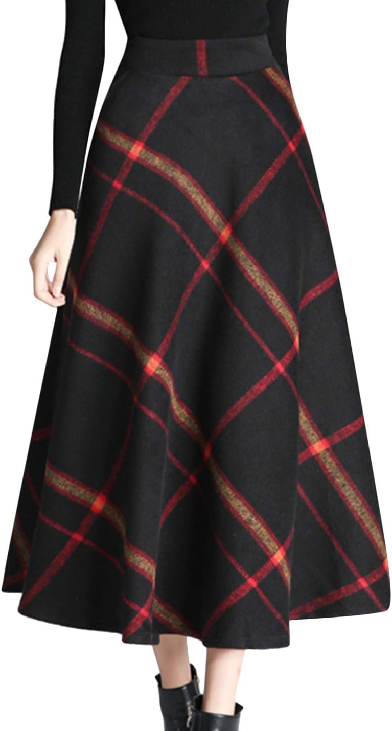 Tanming Womens Plaid Skirt Wool A‑Line Pleated Long Skirt