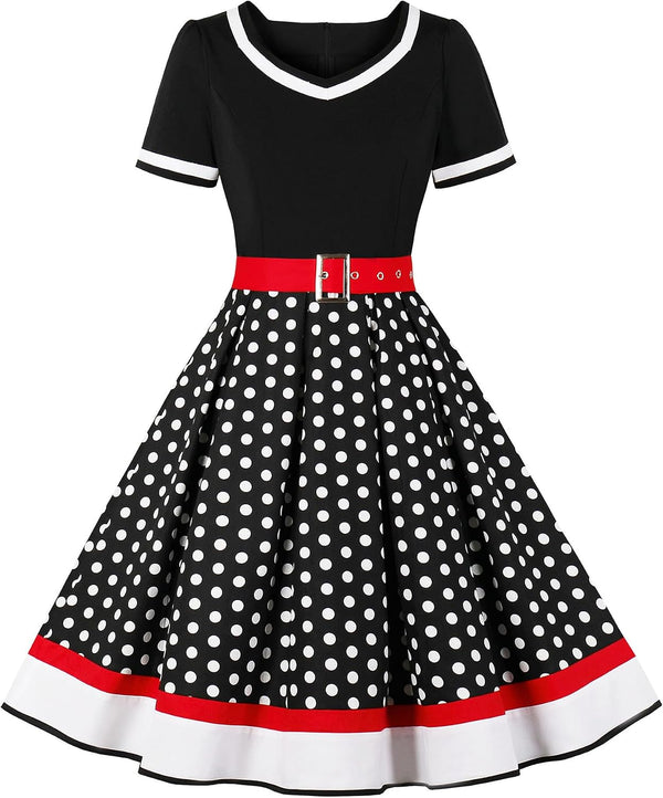 Vintage 1950s Retro Rockabilly Swing Polka Dot Cocktail Dress with Belt