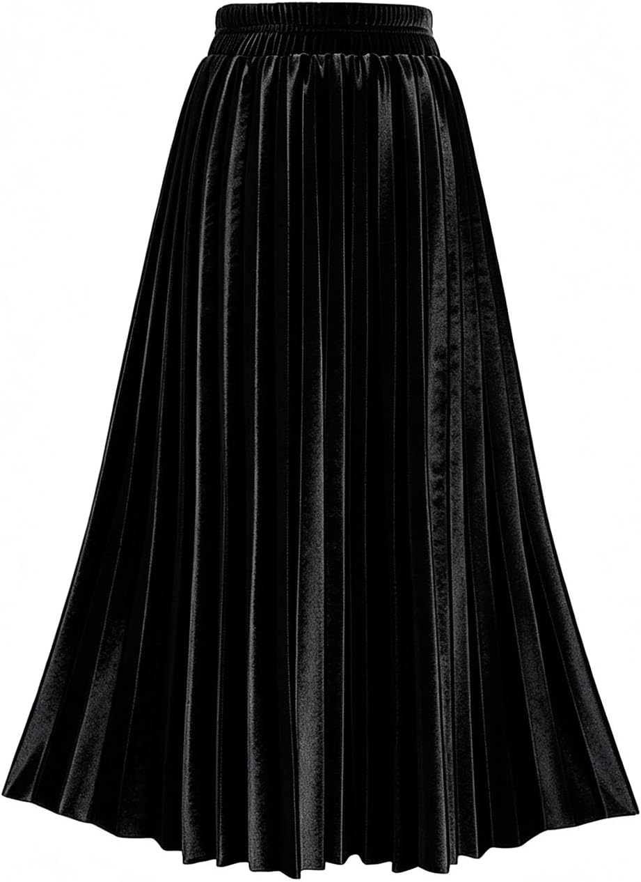 TONCHENGSD Women's Fall Winter Velvet Midi Skirt High Elastic Waist Pleated Skirt