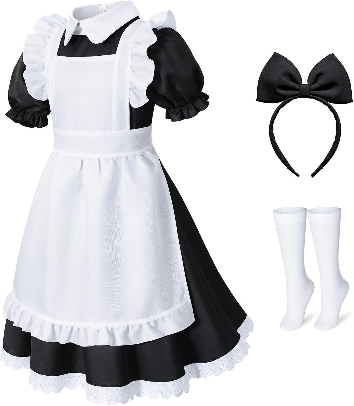 Irtysh Girl Blue Dress White Apron Halloween Cosplay Costume With Bow Hair Band Stockings Set
