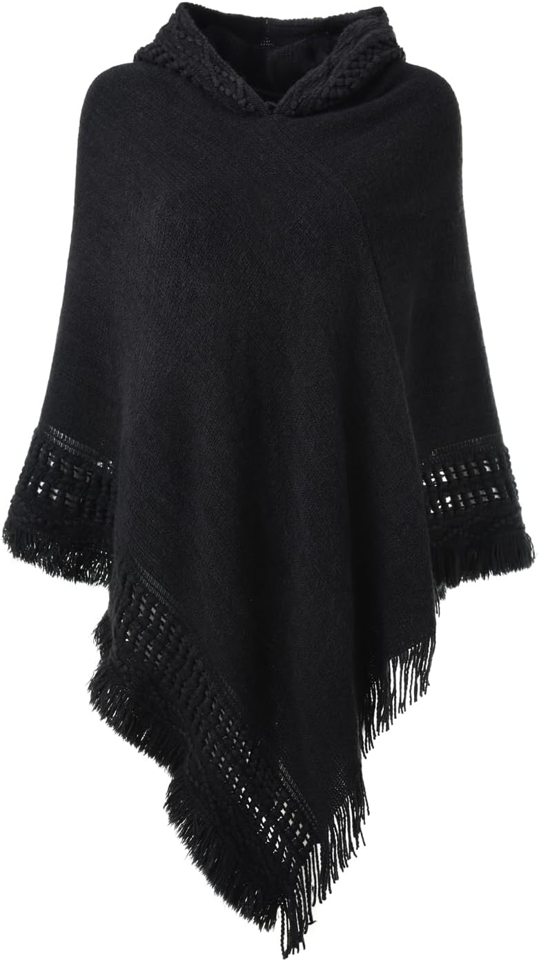 Ferand Women's Witchy Hooded Knit Poncho with Fringe