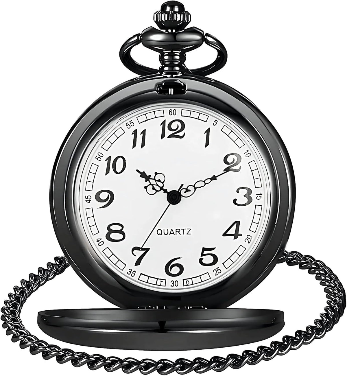 Smooth Vintage Pocket Watch with Chain, Arabic Numerals Scale