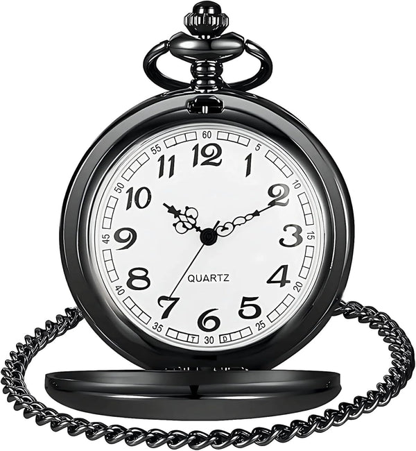 Smooth Vintage Pocket Watch with Chain, Arabic Numerals Scale