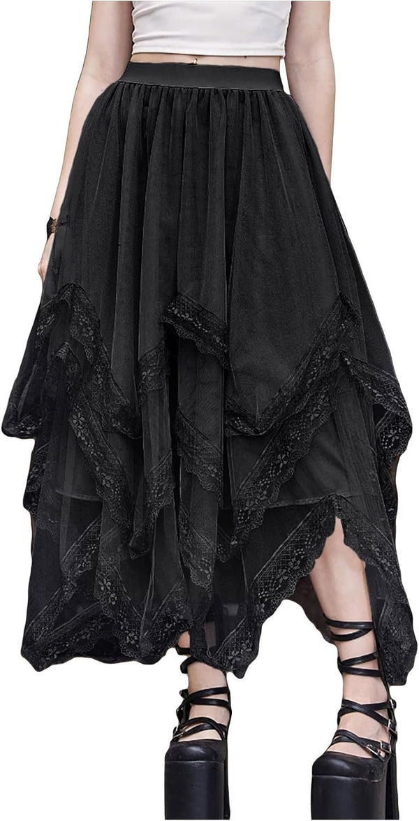 SHENHE Women's Lace Trim Layered Mesh Tulle Skirt Asymmetrical Goth Skirt