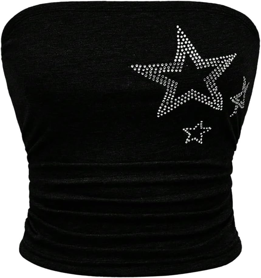WDIRARA Women's Star Rhinestone Strapless Crop Tube Bandeau Top