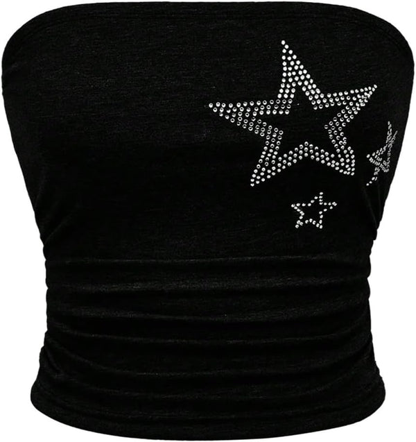 WDIRARA Women's Star Rhinestone Strapless Crop Tube Bandeau Top