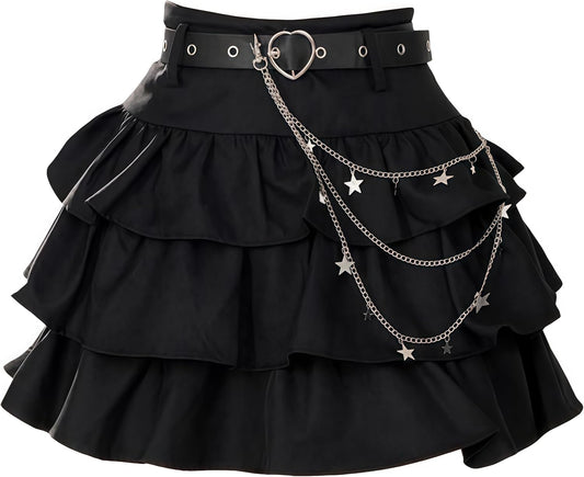 Women Gothic Lolita Mini Skirt Harajuku Y2K Short Skirt Layered Ruffled High Waist A-Line Skirts for Teens