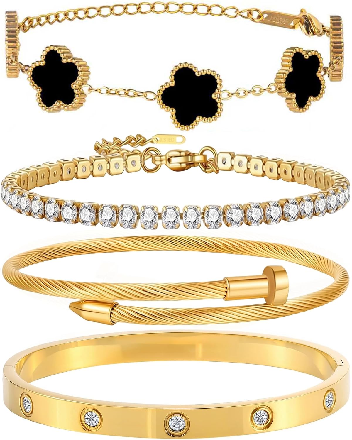 18K Gold Plated Bangle Bracelet Set for Women Stackable Lucky Floral Adjustable Tennis Bracelet Non Tarnish Gift Jewelry for Christmas Valentines Birthday Mother's Day