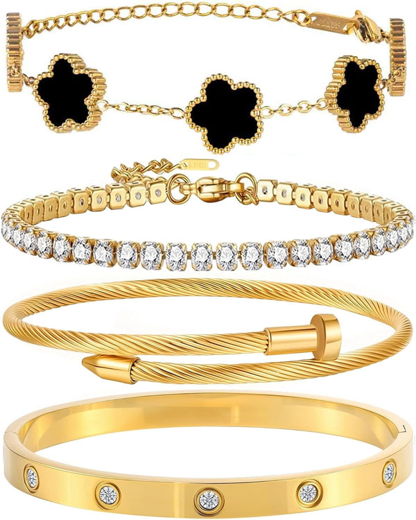 18K Gold Plated Bangle Bracelet Set for Women Stackable Lucky Floral Adjustable Tennis Bracelet Non Tarnish Gift Jewelry for Christmas Valentines Birthday Mother's Day