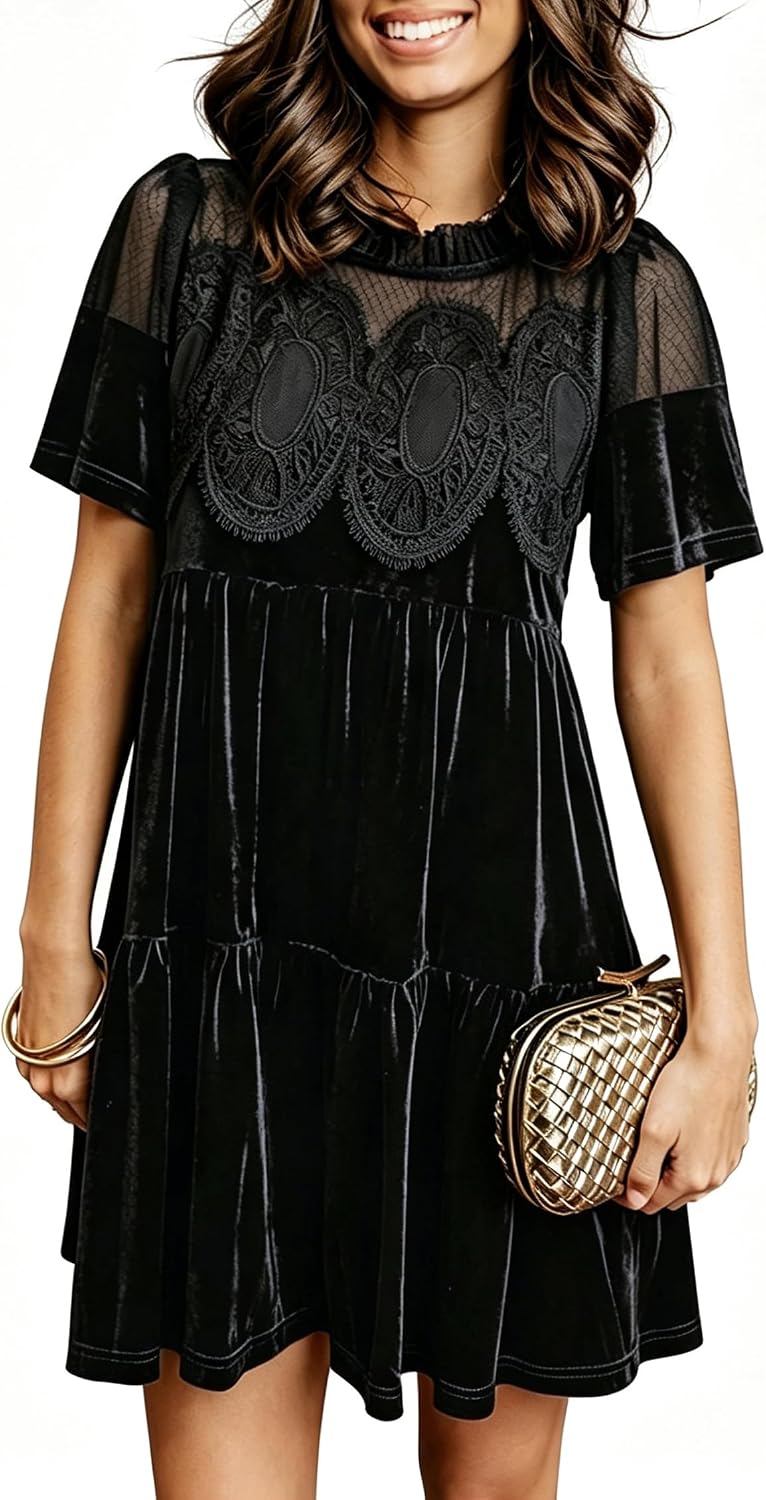miduo Womens Scallop Neck Short Sleeve Velvet Lace Mini Babydoll Dress