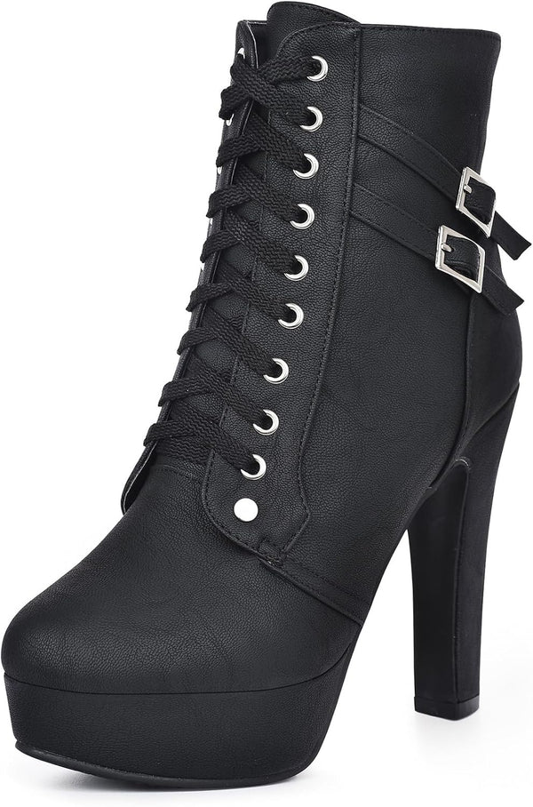 High Heel Boots for Women,Womens Platform Boot Heels Sexy Round Toe Lace UP High Heels Mid Calf Boots