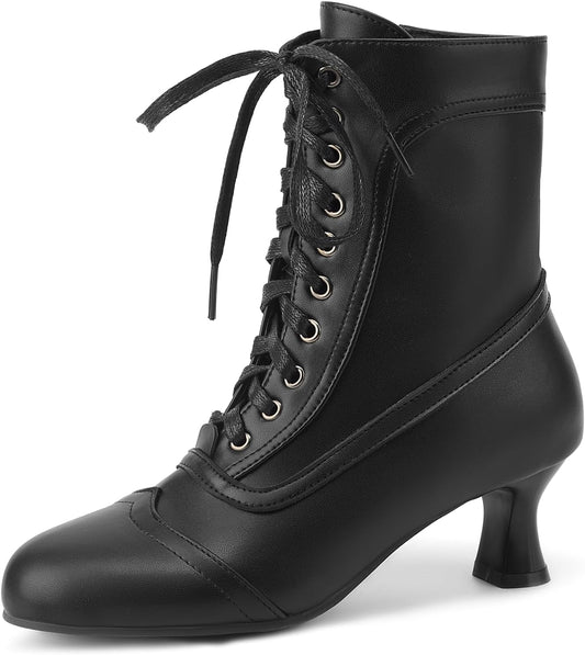 Women Victorian Lace Up Ankle Boots with Side Zipper Round Toe Kitten Heel Vintage Booties