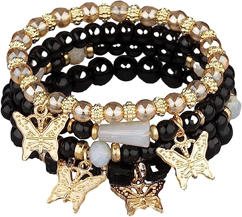 4 Pcs Cute Butterfly Charm Bracelets Set Gold Beaded Stackable Stretch Bracelets Bohemian Summer Jewelry Gifts for Women