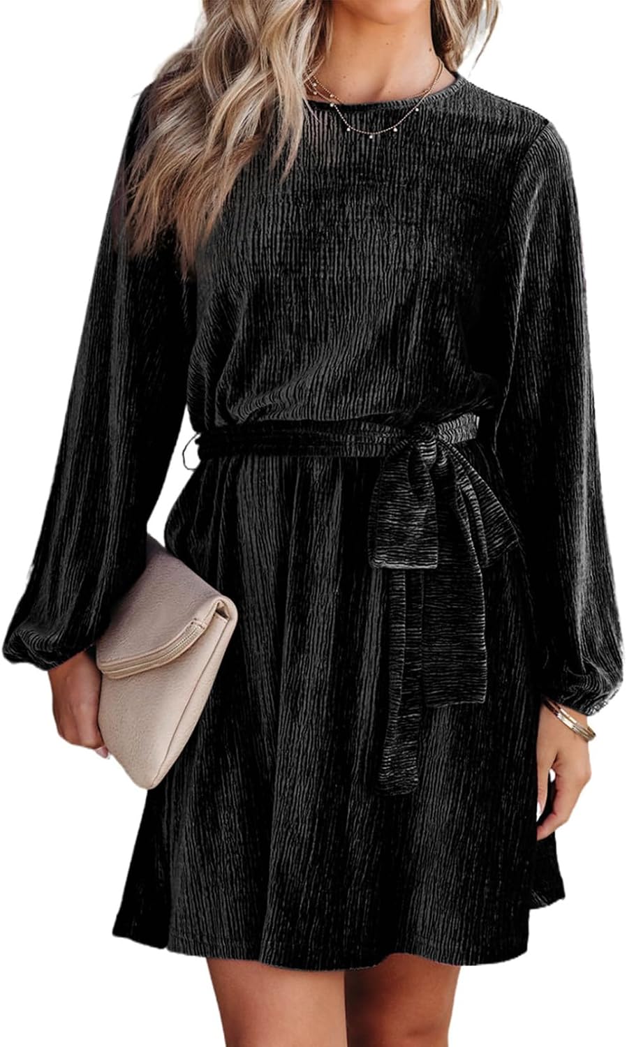Happy Sailed Women's Velvet Dress Lantern Sleeve High Waist A-Line Skater Cocktail Party Dresses with Belt Business wear