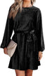 Happy Sailed Women's Velvet Dress Lantern Sleeve High Waist A-Line Skater Cocktail Party Dresses with Belt Business wear