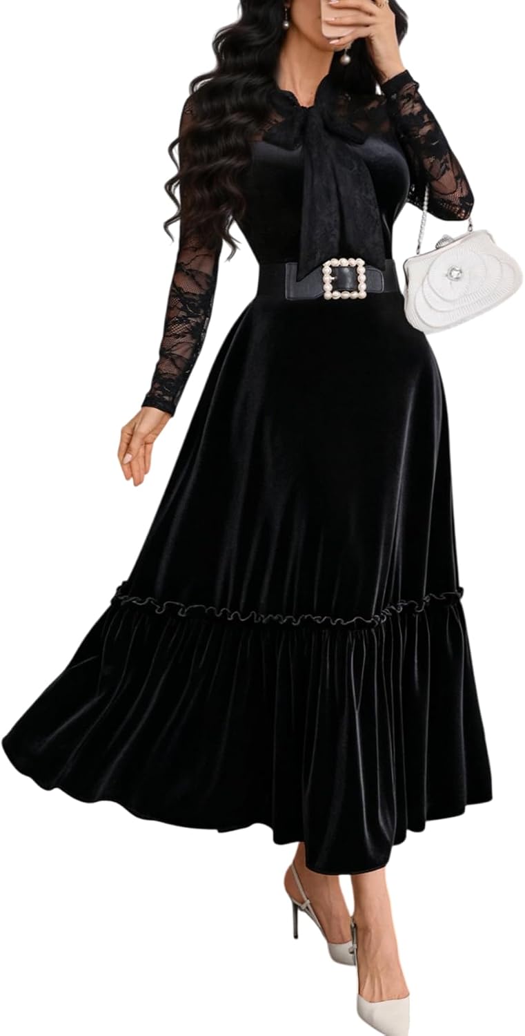 GothDark Women's Velvet Dress Lace Long Sleeve Tie Neck Formal Party Outfit