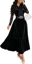 GothDark Women's Velvet Dress Lace Long Sleeve Tie Neck Formal Party Outfit