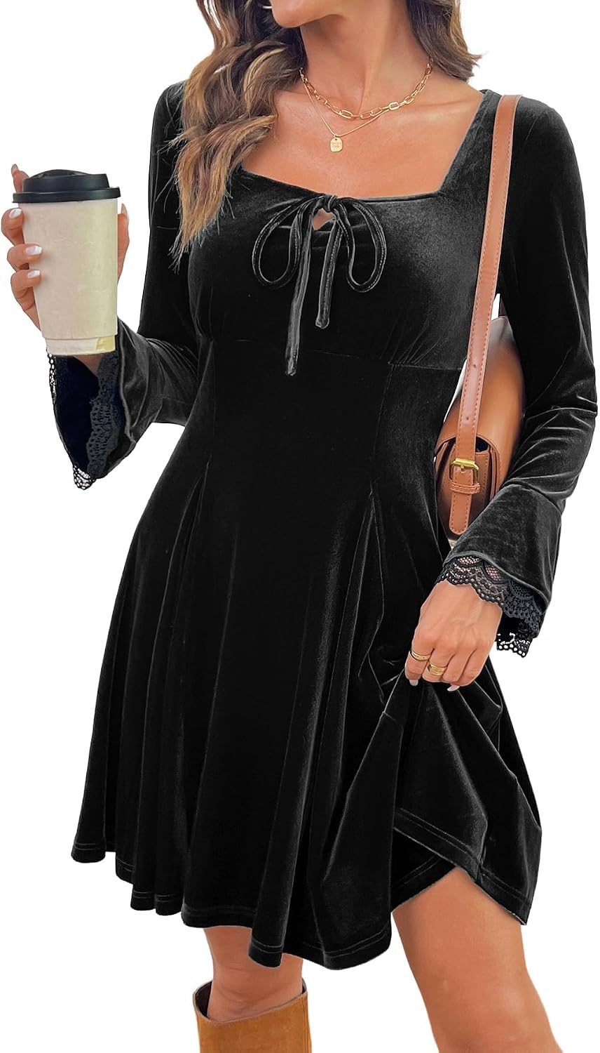 Dokotoo Womens Fall Dresses Lace Long Sleeve Velvet Dress