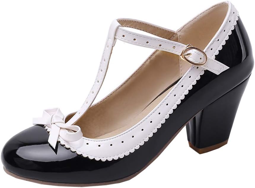Bellirala Womens Rockabilly Shoes T-Strap Mary Jane Block High Heel Closed Toe Pumps