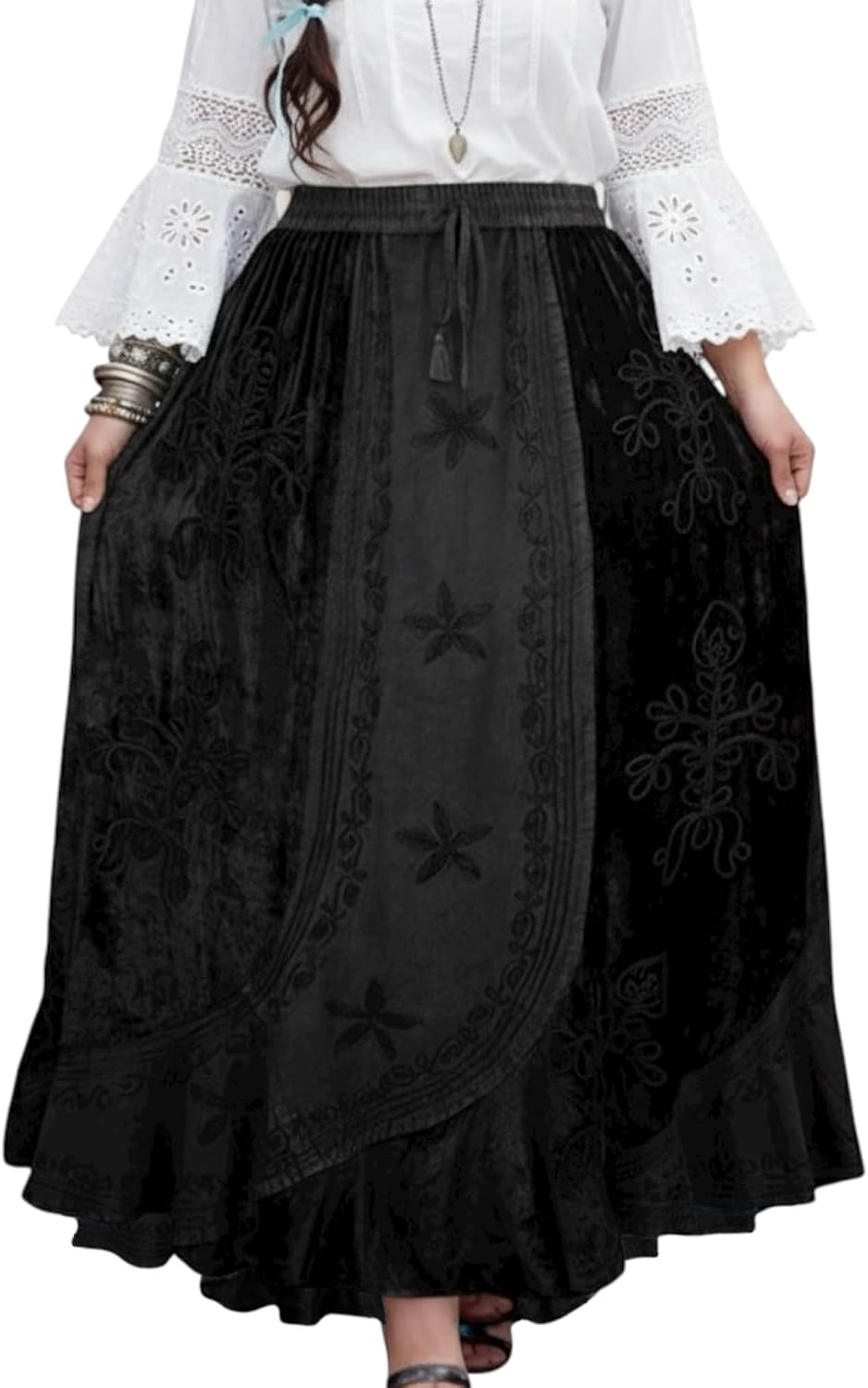 Agan Summer Long Skirts for Women, Boho Embroidered Rayon Velvet Maxi Skirt