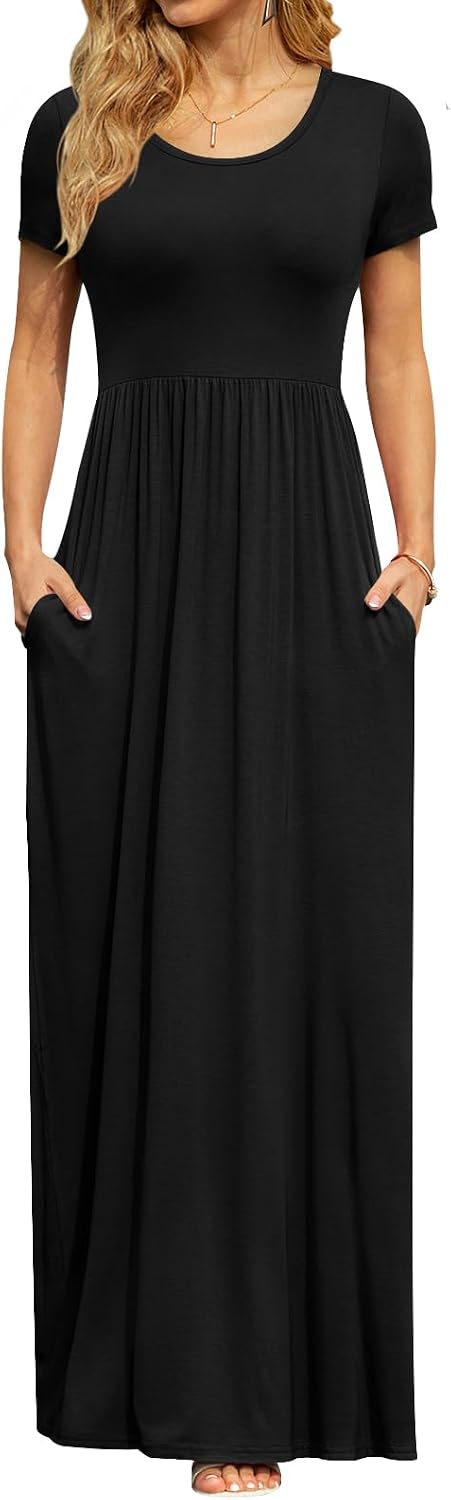 DB MOON Women's Summer Maxi Dress Casual Short Sleeve Empire Waist Pockets