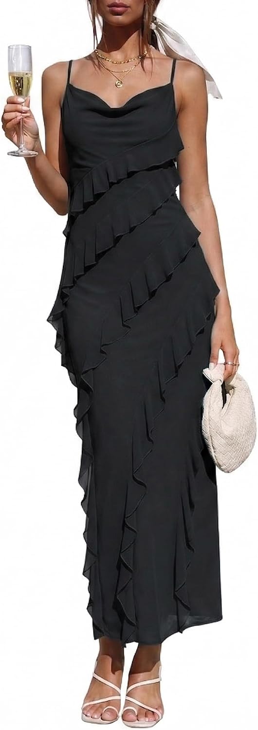 Wedding Guest Dress for Women Ruffle Spaghetti Strap Formal Dresses