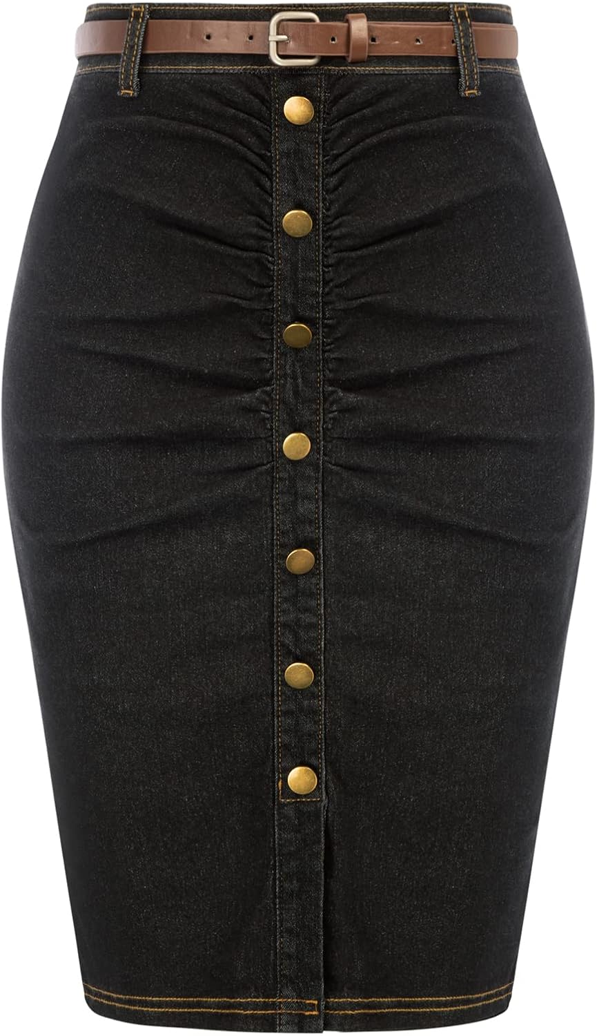 Belle Poque Denim Pencil Skirt for Women Ruched Bodycon Jeans Skirt with Belt High Waisted Pencil Skirts