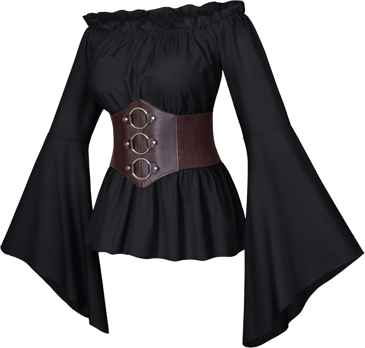 Womens Renaissance Victorian Peasant Ruffle Smocked Waist Boho Pirate Shirt Blouse with Belt Set