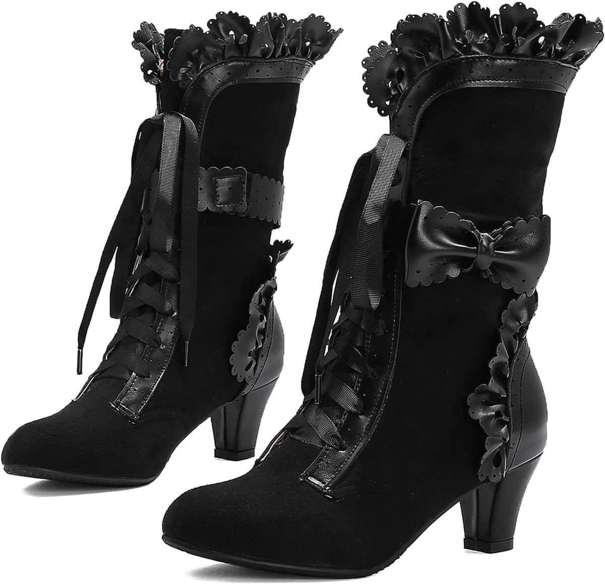 LanreyTaley Women Sweet Bow Boots Mid Heels Lace Up Victorian boots Mid Calf Kawaii Boot