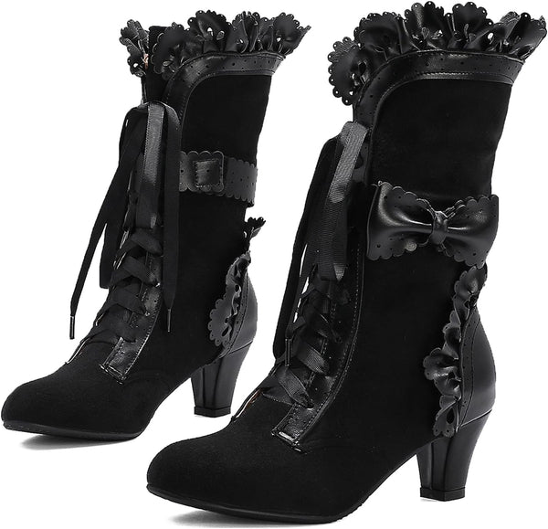 LanreyTaley Women Sweet Bow Boots Mid Heels Lace Up Victorian boots Mid Calf Kawaii Boot