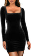GOBLES Women's Velvet Long Sleeve Square Neck Bodycon Mini Dress