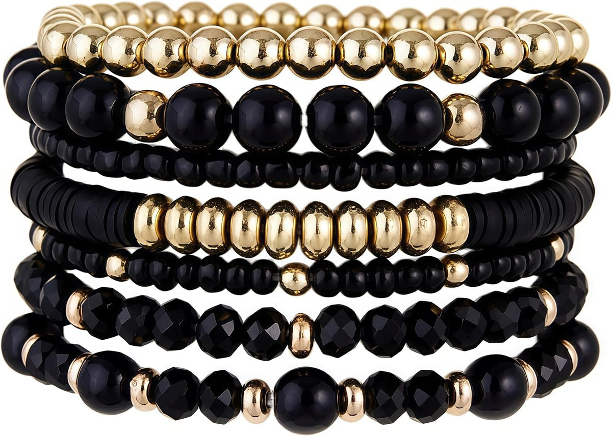 Bohemian Stackable Beaded Bracelets for Women, Multilayer Stretch Bead Bracelet Set, Vintage Boho Stacking Bracelets, Bohemian Jewelry Gifts for Women (Black)