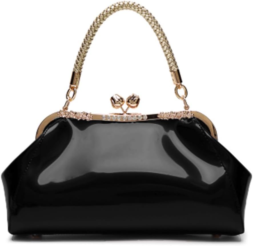 Glossy Patent Leather Evening Bag — Braided Handle Kiss Lock Handbag