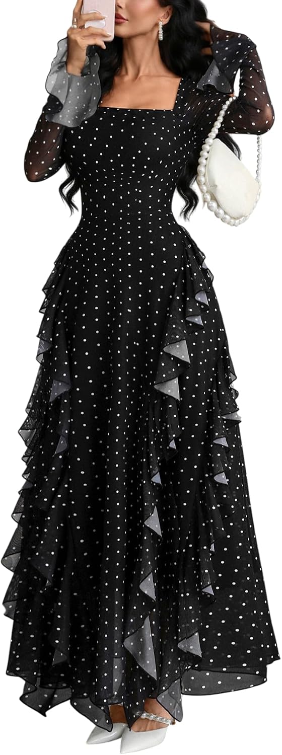 GothDark Women's Floral Dress Long Sleeve Square Neck Ruffle Party Outfit