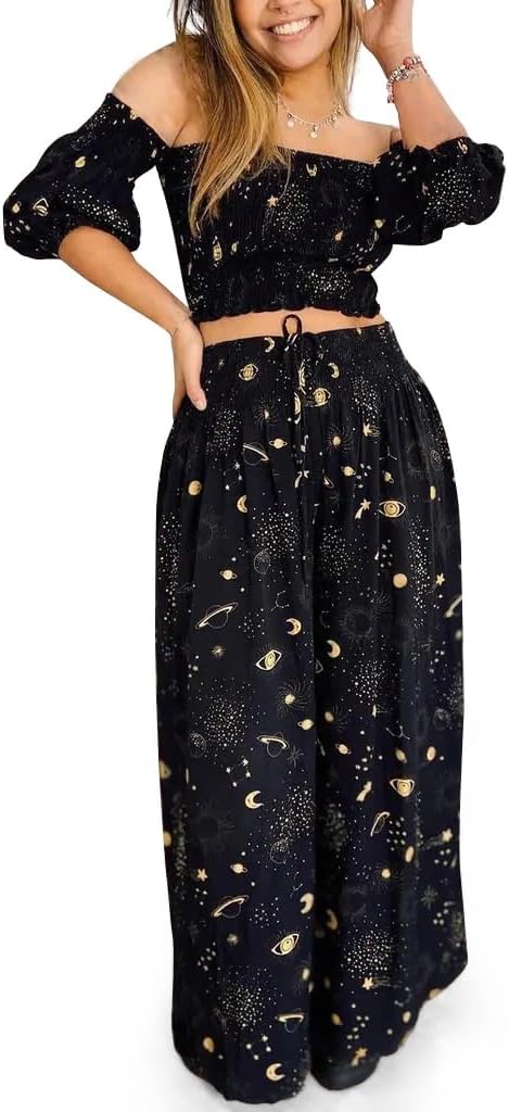 Womens Celestial Clothing Witchy Whimsigoth Outfits Cotton Co-ord Lounge Set Summer Vacation Travel Clothes