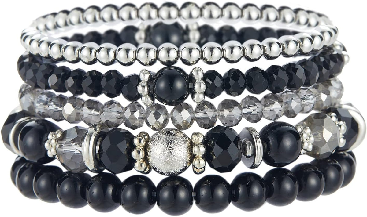 Noessla Beaded Pearl Stretch Bracelet Silver Stackable Crystal Beads Bracelets Trendy Costume Jewelry Mothers Day Gifts for Women